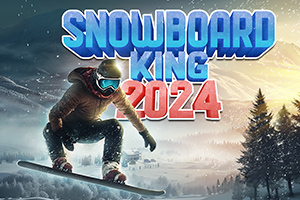 En snowboardåkare i vinterlandskap med snötäckta berg och träd i bakgrunden, och stor text SNOWBOARD KING 2024 ovanför