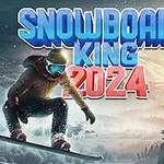 En snowboardåkare i vinterlandskap med snötäckta berg och träd i bakgrunden, och stor text SNOWBOARD KING 2024 ovanför