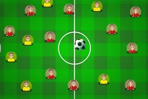 En illustrerad fotbollsplan med tecknade spelare i röda och gula tröjor samt en fotboll i mitten