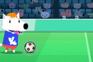 En tecknad vit hund med blå tröja spelar fotboll på en grön plan med en publik av djur i bakgrunden