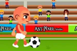 Tecknad karaktär spelar fotboll på en plan med läktare och publik i bakgrunden