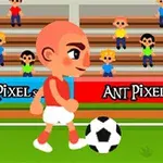 Tecknad karaktär spelar fotboll på en plan med läktare och publik i bakgrunden