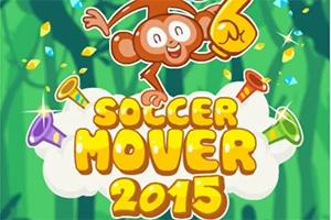 Tecknad apa med en stor gul skumhand ovanför texten SOCCER MOVER 2015 mot en grön bakgrund