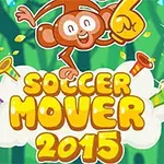 Tecknad apa med en stor gul skumhand ovanför texten SOCCER MOVER 2015 mot en grön bakgrund