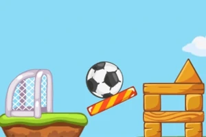 Tecknad bild med en fotboll, ett mål, en balansbräda och staplade träblock på en gräsplätt