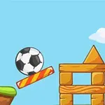 Tecknad bild med en fotboll, ett mål, en balansbräda och staplade träblock på en gräsplätt