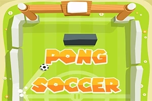 Fotbollsspel med en grön plan och texten Pong Soccer i orange bokstäver samt en fotboll som rör sig