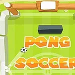 Fotbollsspel med en grön plan och texten Pong Soccer i orange bokstäver samt en fotboll som rör sig