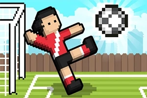 En pixelart-figur i röd tröja sparkar en pixelboll framför ett fotbollsmål på en gräsplan