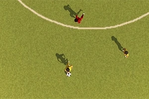 Soccer Simulator Vy ovanifrÄn av tre tecknade fotbollsspelare pÄ en grÀsplan, en med en boll vid fötterna