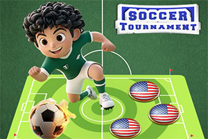 Tecknad figur i gröna kläder sparkar en brinnande fotboll på en fotbollsplan med märken av amerikanska flaggor och texten Soccer Tournament