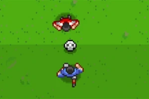 Två pixlade fotbollsspelare i rött och blått står på en grön plan med en fotboll mellan sig