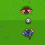 Två pixlade fotbollsspelare i rött och blått står på en grön plan med en fotboll mellan sig