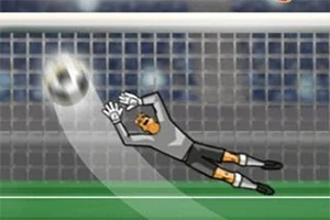 En tecknad målvakt dyker mot vänster för att rädda en fotboll framför ett mål