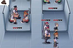 Tecknad bild av flera personer i bås och en kö, med hjärtsymboler ovanför deras huvuden