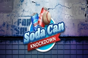 Två läskburkar och en baseboll framför en vägg med texten Soda Can Knockdown