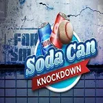 Två läskburkar och en baseboll framför en vägg med texten Soda Can Knockdown