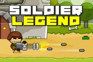 En tecknad figur i soldatuniform som skjuter med en maskinell gevär, med texten Soldier Legend ovanför, mot bakgrund av en byggnad och träd