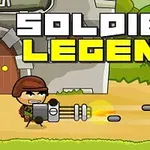 En tecknad figur i soldatuniform som skjuter med en maskinell gevär, med texten Soldier Legend ovanför, mot bakgrund av en byggnad och träd