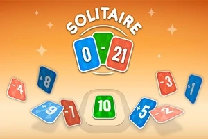 Flera spelkort med färgerna rött och blått spridda över en orange bakgrund med olika siffror synliga, som 0, 21, 10, och en text upptill som säger Solitaire