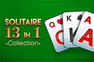 Texten Solitaire 13 in 1 Collection med tre spelkort: dam i hjärter, kung i spader och ess i ruter på grön bakgrund