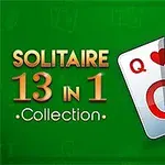 Texten Solitaire 13 in 1 Collection med tre spelkort: dam i hjärter, kung i spader och ess i ruter på grön bakgrund