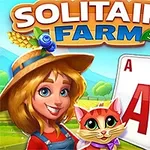 Glada figurer med spelkort, inklusive en tjej i en stråhatt och en katt, med en bondgård i bakgrunden