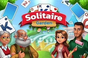 Karaktärer i en trädgårdsmiljö omgivna av spelkort och en skylt med texten Solitaire Garden