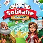 Karaktärer i en trädgårdsmiljö omgivna av spelkort och en skylt med texten Solitaire Garden