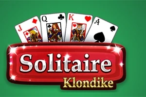 Fyra spelkort staplade över en röd rektangulär skylt med texten Solitaire Klondike på en grön bakgrund