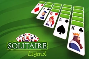 Spelkort med klädda kort och ess uppställda i gröna vågor, med texten Solitaire Legend bredvid