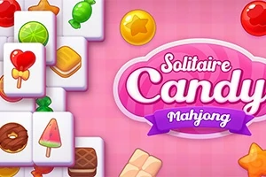 Bild med olika färgglada spelbrickor med godisteman och texten Solitaire Candy Mahjong på en rosa bakgrund