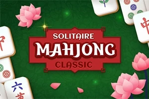 Texten Solitaire Mahjong Classic omgiven av mahjongbrickor och rosa lotusblommor på en grön bakgrund