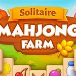 Tecknad bild med texten Solitaire Mahjong Farm omgiven av lantbrukssymboler som jordgubbar, kor och en gris
