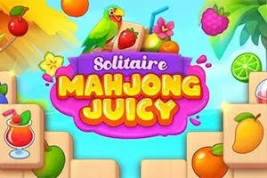 Färgglad illustration med fruktikoner, en papegoja, drycker och texten Solitaire Mahjong Juicy i mitten
