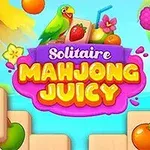 Färgglad illustration med fruktikoner, en papegoja, drycker och texten Solitaire Mahjong Juicy i mitten