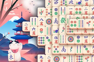 Klassiska mahjong-brickor arrangerade framför ett traditionellt asiatiskt tempel och en vinkande katt