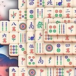 Klassiska mahjong-brickor arrangerade framför ett traditionellt asiatiskt tempel och en vinkande katt