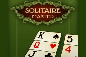En grön bakgrund med dekorationer och texten Solitaire Master överst och spelkort med symboler och nummer längst ner