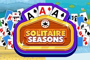 Lekfullt färgglad design med spelkort, bland annat ess och jokrar, samt texten Solitaire Seasons i ett skyltliknande emblem