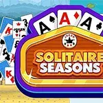 Lekfullt färgglad design med spelkort, bland annat ess och jokrar, samt texten Solitaire Seasons i ett skyltliknande emblem