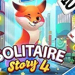 Räv tecknad figur står i en färgglad stadsmiljö omgiven av spelkort och guldmynt med texten Solitaire Story 4