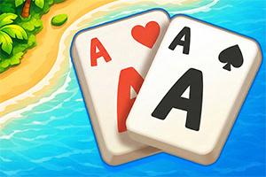 Två spelkort med ess, ett i hjärter och ett i spader, på en blå bakgrund med strand och grönska i hörnet