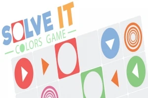 Texten Solve It Colors Game med färgglada cirklar och trianglar på vit bakgrund