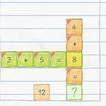 Matematiskt pussel på rutat papper med färgade block som visar tal och symboler