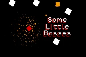 Svart bakgrund med små färgade fyrkanter och texten Some Little Bosses i rött och vitt