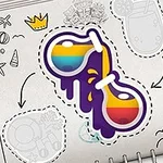 Färgglada solglasögon med regnbågsmönster och en droppande lila kant på ett papper med tecknade skisser och pilar
