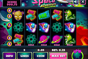 En spelautomat med rymdtema som visar symboler som utomjordingar, rymdskepp och neonfärgade ikoner