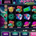 En spelautomat med rymdtema som visar symboler som utomjordingar, rymdskepp och neonfärgade ikoner