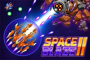 Orange rymdskepp som skjuter mot stora stenliknande föremål i rymden med texten Space Blaze II intill